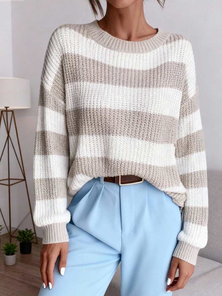 Women's Autumn Loose Sweater Stripe Pattern Long Sleeve Round Neck Knitwear Pullover - Light Grey - View 6