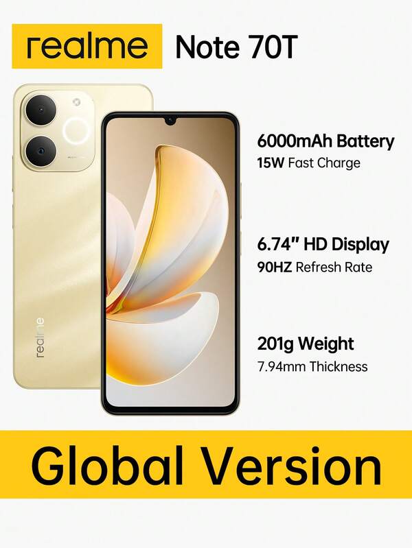 Realme Smartfon Note 70T z odblokowanym ekranem 6,75" 90 Hz HD+ Eye Comfort, z długo działającą baterią 6000 mAh, 13-megapikselowym aparatem o doskonałej ostrości, IP54, odporny na pył i wodę, 4 GB + 64 GB / 4 GB + 128 GB / 4 GB + 256 GB (czarny/złoty)