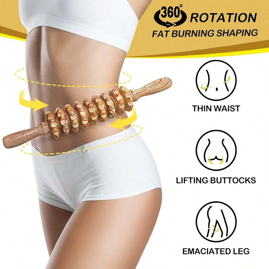 1pc Yoga Meridian Rod Nine Fine Wheel Shaft Whole Body Massage Roller Pounded Waist Back Massage Neck Leg Wooden Massager
