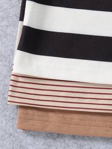 Set de 3 camisetas de manga larga con cuello redondo, de uso casual y diario, con estampados y diseños a rayas para niños, para primavera/otoño - Caqui - Ver 6