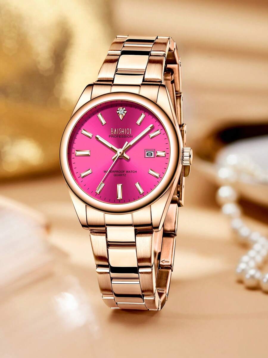 BAISHIQI 1pc Women's Fashionable And Minimalist Watch, High-Quality Quartz Stainless Steel Strap, Date, Luminous Hands, 3ATM Waterproof, Elegant Wo Gift+Free Steel Strip Cutting Tool+Free Box - Hot Pink - View 1