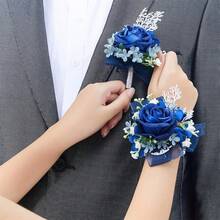 Wrist Corsage And Boutonniere Set, Artificial Royal Blue Rose Prom Flowers, Bridal Wrist Corsage For Wedding, Groom Boutonniere For Prom Party Homecoming - Màu xanh lam - Xem 3