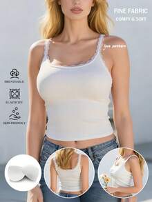 女士休闲运动白色无袖针织吊带背心，带胸垫，荷叶边下摆，性感开衩设计，短款简约性感风格上衣 - 白色 - 查看 7