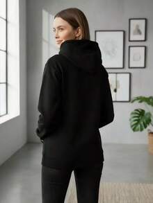 Sudadera con capucha informal con estampado de gatito de talla grande para mujer, para uso diario en casa, estilo deportivo sencillo. - Negro - Ver 8