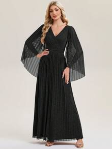 EVERPRETTY Elegante vestido de noche maxi con cuello en V negro, plisado y mangas de murciélago fluidas, adecuado para fiestas formales y galas - Negro - Ver 1