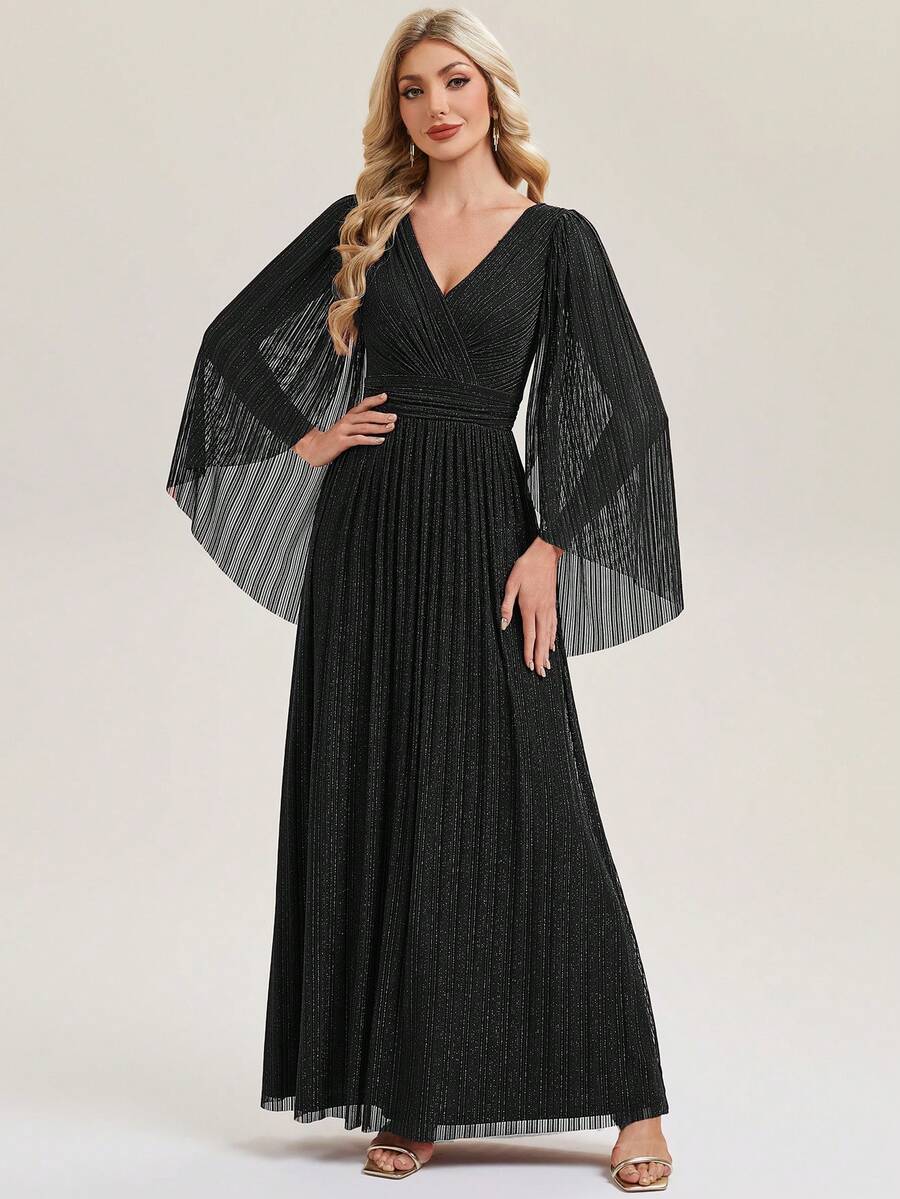 EVERPRETTY Elegante vestido de noche maxi con cuello en V negro, plisado y mangas de murciélago fluidas, adecuado para fiestas formales y galas - Negro - Ver 1