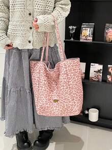 Różowa płócienna torba z nadrukiem w panterkę dla kobiet, jesień i zima 2025, nowa, swobodna torba o dużej pojemności, torba na zakupy na jedno ramię do pracy - Różowy - Zobacz 2