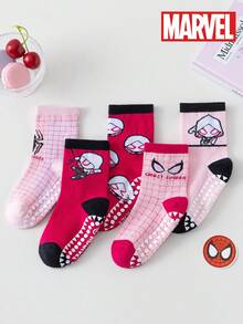 Marvel 5双漫威格温蜘蛛侠主题凝胶防滑儿童袜，包括粉色女童过膝袜、透气防滑卡通男童袜和防滑家居袜，适合好动儿童和蜘蛛侠电影粉丝。 - 粉色 - 查看 7