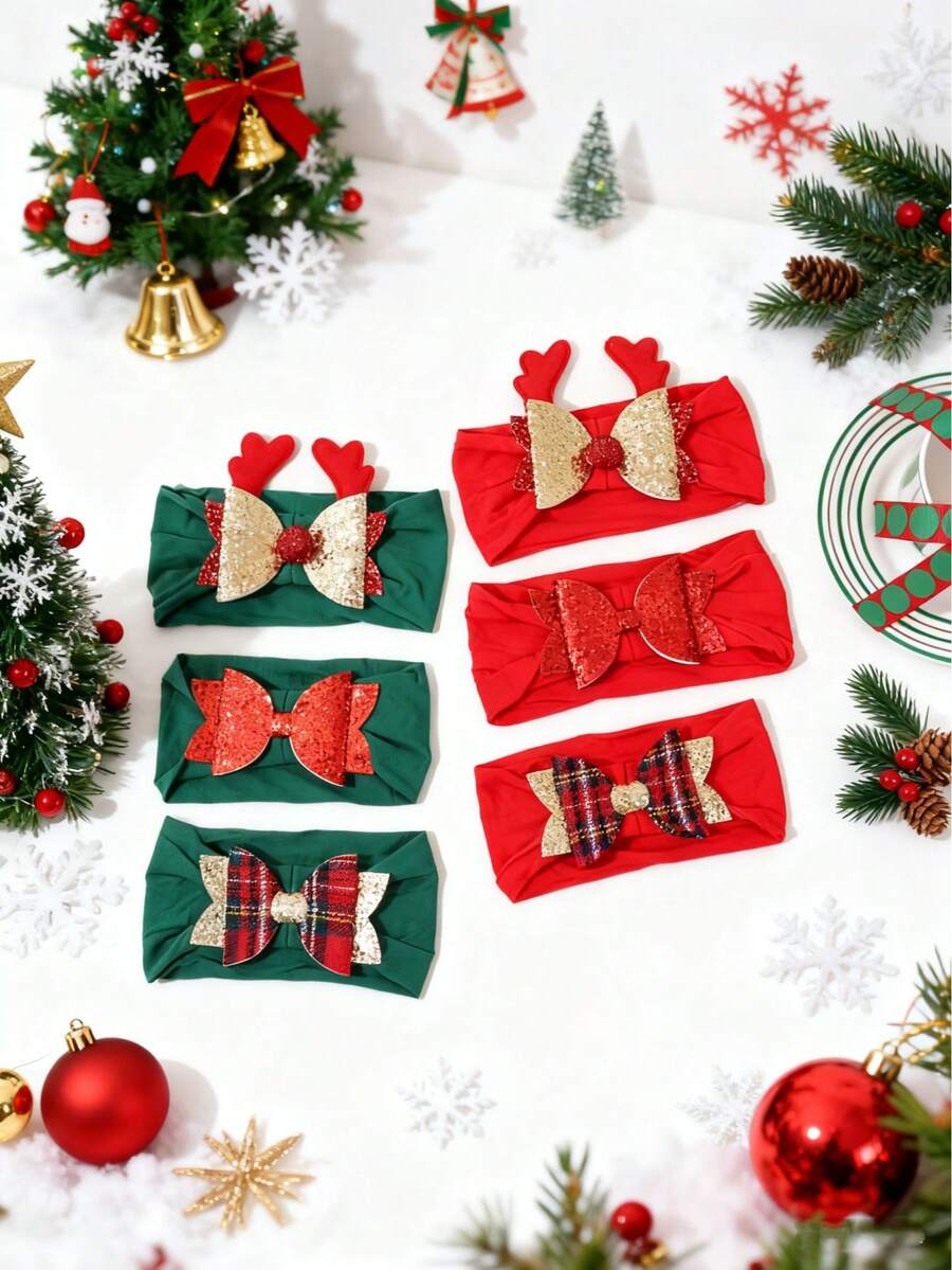 3pcs/Set Christmas Reindeer Bow Baby Headbands, Red & Green Soft Comfortable Glitter Bow Infant Hair Accessories - Multicolor - View 1