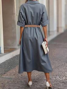 ELEGANTE VESTIDO CAMISERO LISO PARA MUJER,VESTIDO LARGO CON ABERTURA,VESTIDO MANGA LARGA, VESTIDO CUELLO CAMISERO, VESTIDO CON BOTONES DELANTEROS - Gris - Ver 2