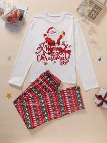 2pcs/Set Men's Christmas Random Print Pattern Regular Fit Crew Neck Pullover Sweatshirt And Pants Loose Pajama Set, Lightweight For Spring/Autumn - Red and White - View 7