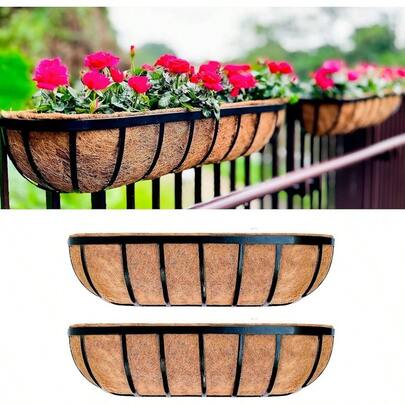 LaLaGreen Deck Railing Planter Boxes Plants 24 Inch, 2 Pack Black Metal Wall Planters Outdoor Plants, Window Flower Box Deck Railings With Liner, Fence Balcony Patio Porch Over Rail