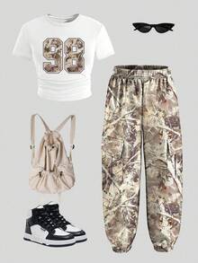 Toddler Girls' Number Print Short Sleeve Top And Camouflage Cargo Pants - White - View 2