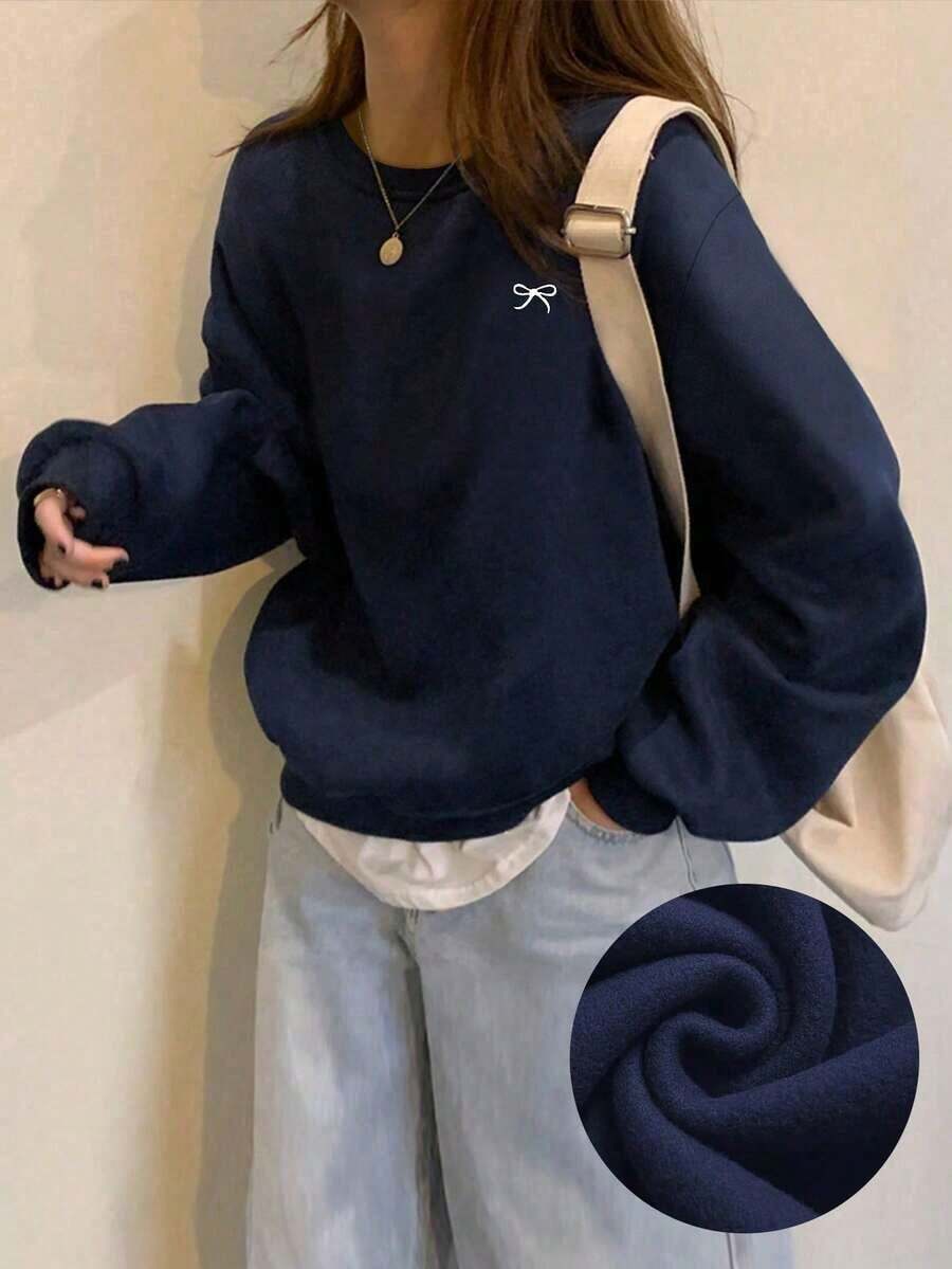 Christmas Outfit Womenhair Accessories For WomenINAWLY Women's Casual Bow Print Sweatshirt, Autumn/WinterLoose And Comfortablechristmaswoman Winter Clothes - 海軍藍 3 - 查看 1