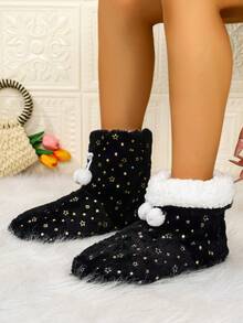 Women's Comfortable Star Foil Decor Indoor Warm Ankle Boots; Soft, Casual, Romantic, Couple Style, Home Ankle Boots - Black - View 5