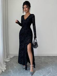Women's Lace Dress, Solid Color Elegant Sexy V-Neck Fitted Long Sleeve Gown, Autumn/Winter Dress, Suitable For Daily Dates, Weddings, Formal Dinners, Holidays/Birthday Parties And Other Occasions - Black - View 7