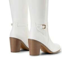 Botas altas de mujer con tacón grueso y bloque, cremallera lateral, puntera puntiaguda, botas de montar cómodas para otoño, botas altas de ante - Blanco - Ver 6