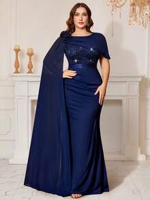 Đầm maxi dáng đuôi cá xếp ly 3D bằng chiffon đính sequin và ren hoa, tay áo dài, thích hợp cho khách dự đám cưới, dạ hội, sinh nhật, lễ hội, tốt nghiệp và các dịp lễ tết. - Màu xanh hải quân - Xem 3