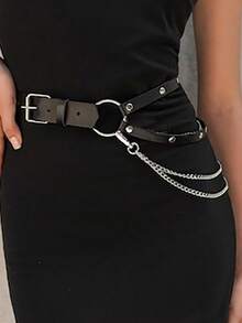 Multi-Size Available, Fashionable Multi-Layer Metal Suspender Decor Waist Chain, Versatile Punk Style Waist Belt Suitable For Dresses, Coats, Jumpsuits, Short Sleeves - Black - View 6
