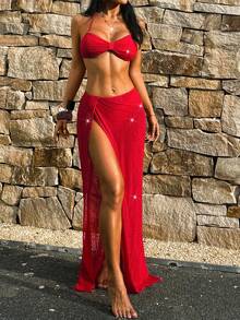 PEPPERMOLLY Women's Red Glitter Bandeau Bikini 3 Pieces Set, Includes Slit Sarong Skirt - Suitable For Pool Party, Beach Holiday Outfit - Red - View 7