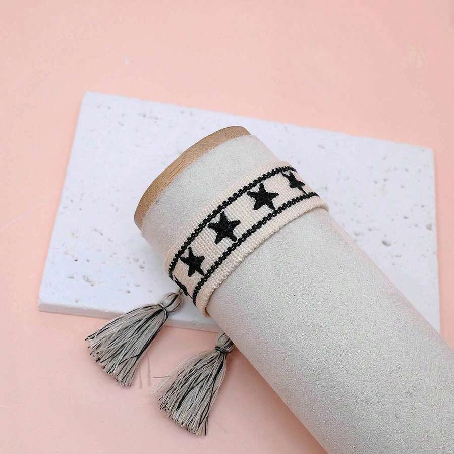 1pc Handmade Embroidered Pentagram Bracelet - Black and White - View 1