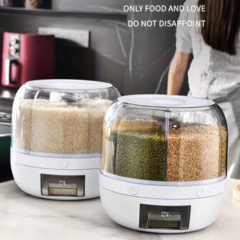 One Piece Separated Rice Bucket With 360 ° Rotating Multi Compartment Storage Box For Household Use, Insect Proof And Moisture-Proof Sealed Rice Storage Box For Whole Grains And Miscellaneous Grains. Lightweight, The Button Can Automatically Accommodate Rice, Grains, Flour, And Pet Food. Plastic Kitchen Storage Container With Measuring Cup
