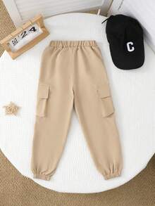 idolCat Pantalones cargo casuales con múltiples bolsillos, cintura elástica y puños para niño pequeño en otoño para uso diario - Caqui - Ver 2