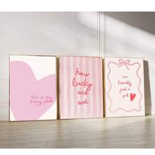 1/3件套无框粉色细条纹爱心海报套装，条纹学院风墙面艺术，爱心图案，少女可爱粉彩印花帆布画，适用于卧室、宿舍、客厅等房间装饰，趣味海报，房间装饰，卧室墙面装饰画，粉彩爱心套装，条纹艺术，学院风少女系列 - 彩色 - 查看 4