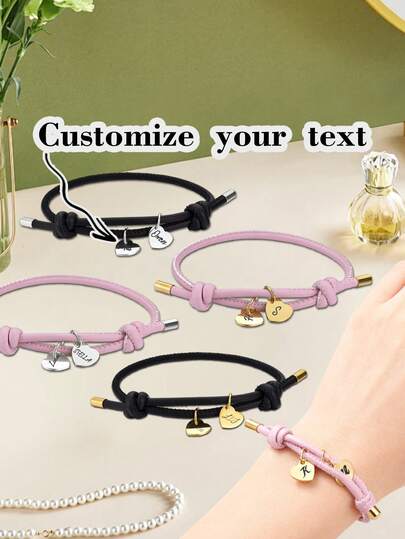 1pc Custom Couple Bracelet, Alphabet Personalized Creative Heart Bracelet, Adjustable Leather Cord Bracelet, Fashionable Gift, Suitable For Valentine's Day Gift, Stylish, Colorful, Vintage, Simple, Unisex, Casual, Cute, Customized