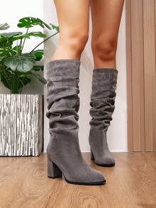 Botas altas hasta la rodilla con tacón apilado para mujer de otoño/invierno, botas de montar con tacón grueso y punta puntiaguda versátiles, botas de tobillo con tacón alto delgado y ajuste minimalista