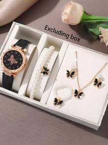 6件套 时尚简约蝴蝶数字设计手表 + 珍珠蝴蝶配件套装 - 彩色 - 查看 8