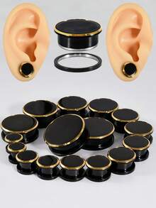1对黑色镜面圆形滑轮耳塞不锈钢螺纹金色线条耳洞扩张耳扩加强器穿刺耳环朋克日常
