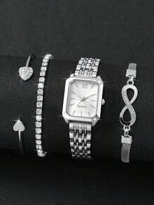 4件套女士优雅方形罗马数字表盘不锈钢表带石英表+手链套装，时尚休闲（套装不含手表） - 銀色 - 查看 3
