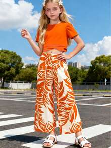 女童夏季两件套，荷叶边袖上衣和印花喇叭裤，时尚假日风 - 橘色 - 查看 10
