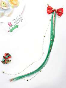 Clip de pelo con extensiones de perlas doradas y lazo rojo de Navidad, en colores verde, blanco, rojo y dorado claro, lleno de ambiente navideño, un accesorio imprescindible para la decoración de fiestas de Navidad