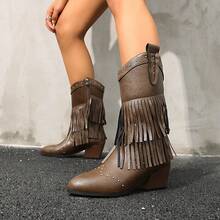 Botas Altas Estilo Ocidental de Bico Fino, Salto Grosso, Casual Versátil, Franja, Corte em V, Nova Moda de Inverno 2025, Elegante e Confortável, Alongamento de Perna para Mulheres, Botas Country - Castanho - Visão 8