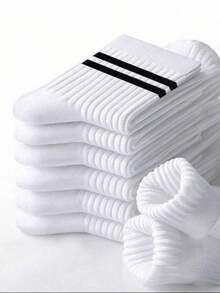 5 Pairs Casual Mid-Calf Socks | Unisex Black/Grey/White Striped Ribbed Socks | Soft Daily Wear - Multicolor - View 1