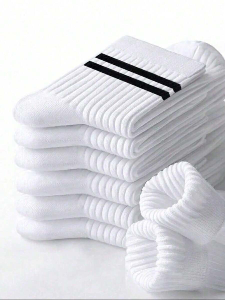 5 Pairs Casual Mid-Calf Socks | Unisex Black/Grey/White Striped Ribbed Socks | Soft Daily Wear - Multicolor - View 1