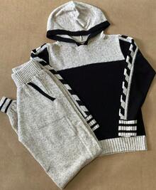 Women's Winter Mousse Set: Pants And Hoodie With Braided Detail, Long Sleeves, Premium Knit, Simple, Casual - 沙色/黑色 - 查看 3