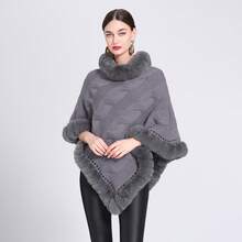 1pc Women Loose Knit Poncho Sweater With Fur Collar, Thick Outerwear Cloak Top