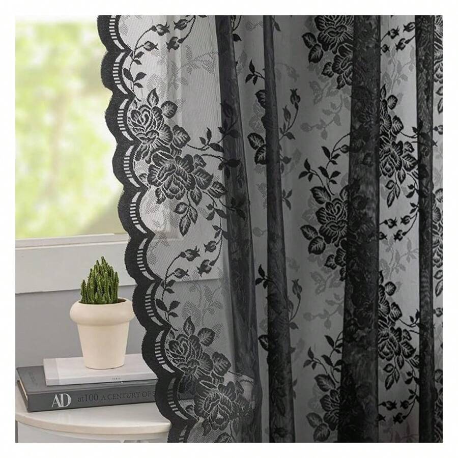 Black Lace Curtains Gothic -84 Inches Long - Dark Academia Curtains For Living Room Bedroom , Victorian Floral, Sheer Light Filtering, 2 Panels, Rod Pocket, Goth Halloween Decor 52W X 84L Inch - 多色623 - 查看 1