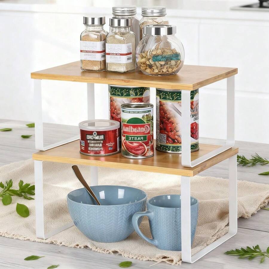Stackable Shelf Organizer Set Of 2 - Bamboo & Metal Kitchen Storage Shelves For Cabinet, Pantry, Bathroom - Space Saving Cupboard & Countertop Organizer - Natural/White - 棕色 - 查看 1