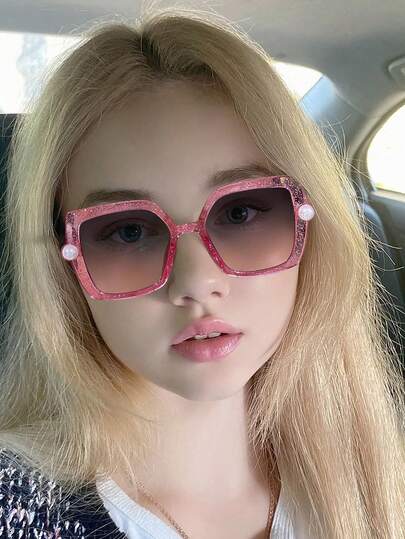 1 PC Girls 9-14Y Cute Pearl Accessories Square Frame Fashion Glasses,Fine Glitter Fake Glasses Perfect For Events Parties Holidays