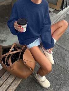 FOR BEAUTY Autumn/Winter New Arrival Girlish Round Neck Long Sleeve Knit Sweater, Women Loose Minimalist Raglan Pullover, Suitable For New Year - Central  Orchid - View 7