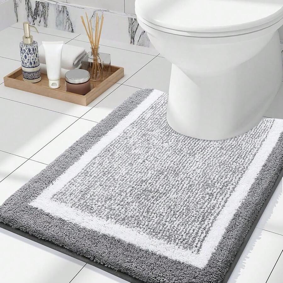 OLANLY Toilet Rugs U-Shaped 24x20, Extra Soft And Absorbent Microfiber Bathroom Rugs, Non-Slip, Machine Wash Dry, Pl 11ush Shaggy Contour Bath Mats For Toilet Base (Grey And White){Inchcolor_nameinch:InchGreyandWhiteinch,Inchsize_nameinch:Inch24\Inchx20\InchContourRuginch} - 灰白 - 查看 1