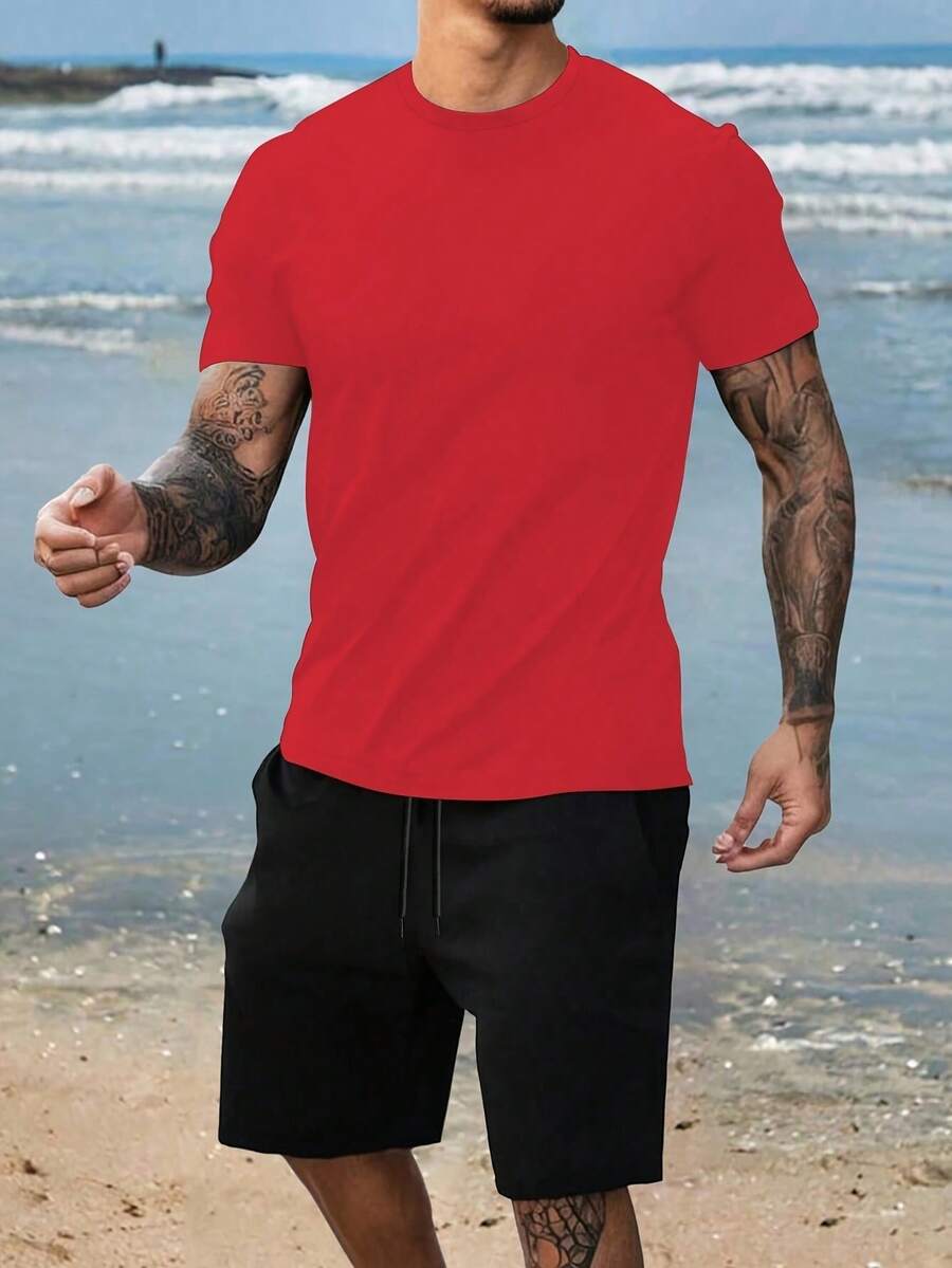 Men's Plain Discreet Set, 2 Pieces: 100% Cotton T-Shirt + Tectel Shorts, Men's Streetwear, Urban Style, Premium Fabric - 紅色 - 查看 1
