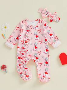 Conjunto de 2 piezas para niñas pequeñas, mono con estampado de corazón, cuello redondo, manga larga y pies largos con diadema de lazo - Colores mixtos - Ver 1