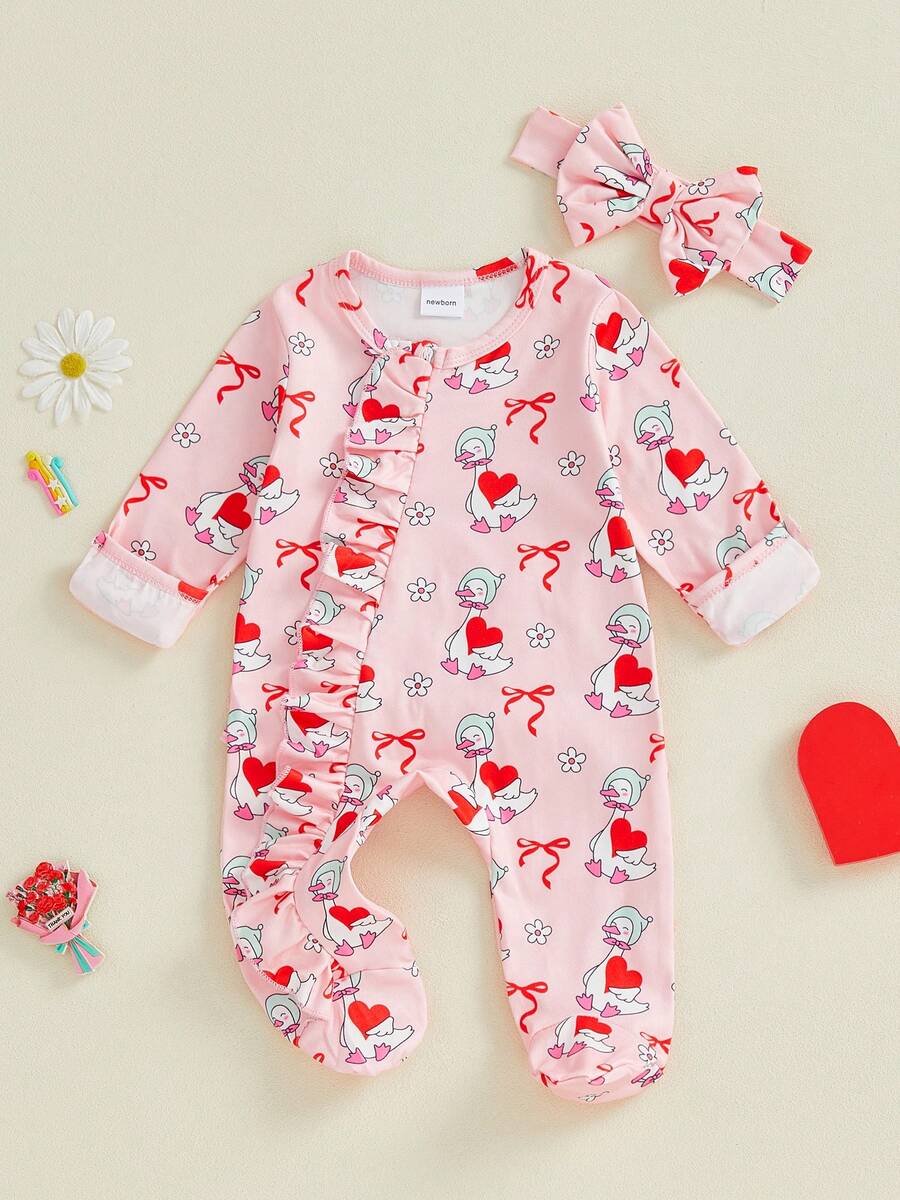 Conjunto de 2 piezas para niñas pequeñas, mono con estampado de corazón, cuello redondo, manga larga y pies largos con diadema de lazo - Colores mixtos - Ver 1