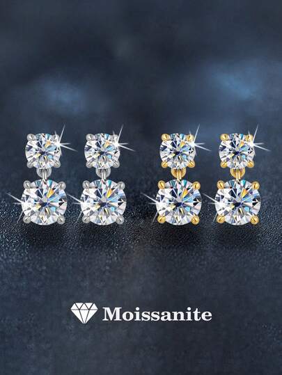 2pcs Minimalist Luxury 925 Sterling Silver 0.7Carat X 2 Moissanite Stud Earrings, Suitable For Women's Daily Wear, Party, Vacation, Valentine's Day, Mother's Day, Wedding Anniversary, Christmas, Birthday Jewelry Gift