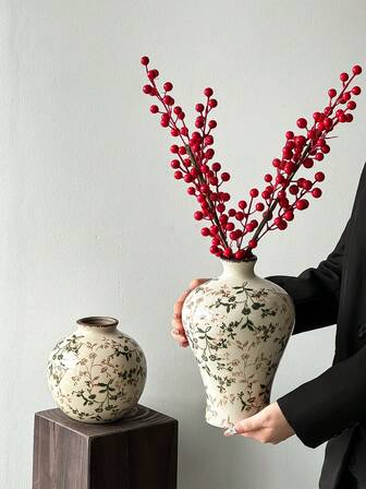 1pc American Country Style Crackle Ceramic Vase, Vintage Floral Pastoral Decor Vase, Large Capacity Fireplace Mantel Vase, Suitable For Fresh/Dried Flower Arrangement, Creative Vintage, Holiday Party Decor
